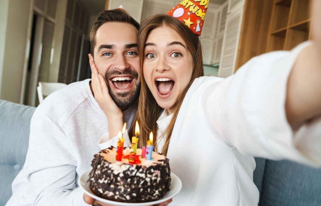 Couple selfie with a cake